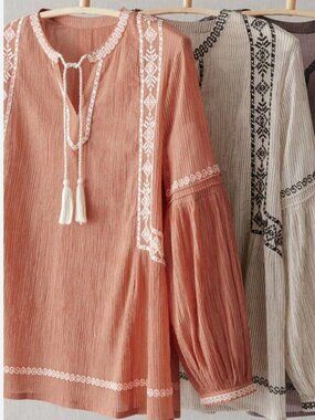 Garnet Hill Size 12 Embroidered Blouson-Sleeve Blouse Salmon Color
